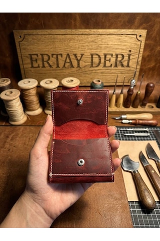 Ertay Deri % 100 Hakiki Deri El Yapımı Kırmızı Çok Bölmeli Cüzdan & Kartlık