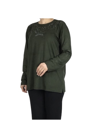 Kadın Yakası Taşlı Likralı Büyük Beden Bluz Arpbattal1 Haki