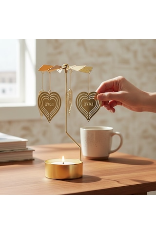 Dönen Işıklı Kalpli Metal Tealight Mumluk Love Tasarımlı Dekoratif Rüzgar Gülü Gold
