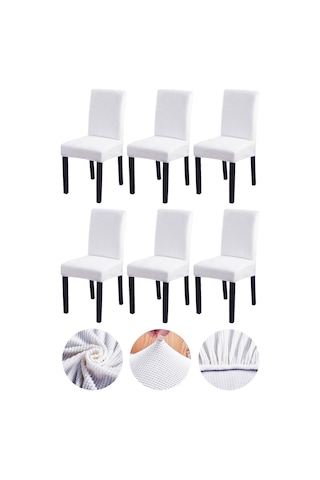 Bambu Nano Kumaş Likralı Yıkanabilir 6'lı Sandalye Kılıfı Lastikli Sandalye Örtüsü 6 Adet - Beyaz