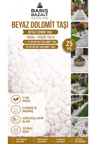 Beyaz Dolomit Taşı 1-2 Cm 25 Kg- Doğal Dekoratif Bahçe Saksı Teraryum Akvaryum Taşı