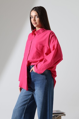 Yeni Sezon Poplin Kumaş Çift Cepli Oversize Pamuklu Kadın Tunik Gömlek Fuşya