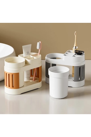 Elmpaly Modern Plastik Diş Fırçası Askısı Çift Bardak Beyaz Renk Yer Montajlı Banyo Saklama Kutusu 1