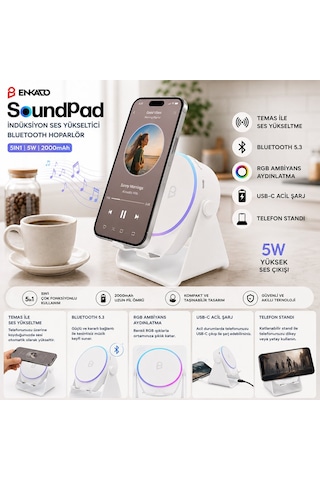 Enkado Ekd-s11 Soundpad İndiksiyon Ses Yükseltici Bluetooth Hoparlör 2000mah 5w 5ın1 Beyaz Speaker