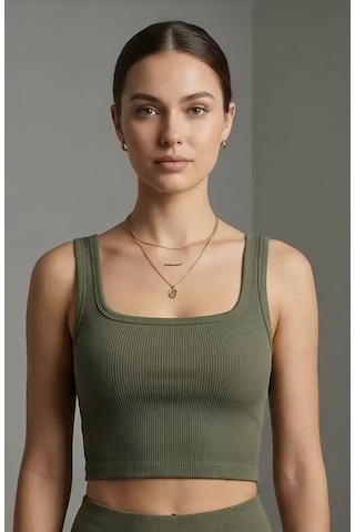 LUXSTOREE Kadın Haki Yeşili Kalın Askılı Crop Top Büstiyer Modern Ve Şık Tasarım Çok Renkli