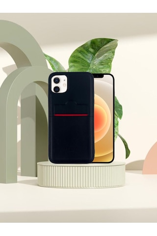 Apple Uyumlu iPhone Hakiki Deri Dikişli Karlıklı Kılıf 11 Lacivert