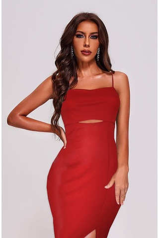 Ergü Kırmızı Askılı Pencere Detaylı Yırtmaçlı Midi Boy Kadın Elbise Ergü1521-1