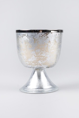 Gümüş Varak Eskitme Ayaklı Cam Mumluk Kokusuz Mum Logo Kapaklı Orta 12x15 Cm