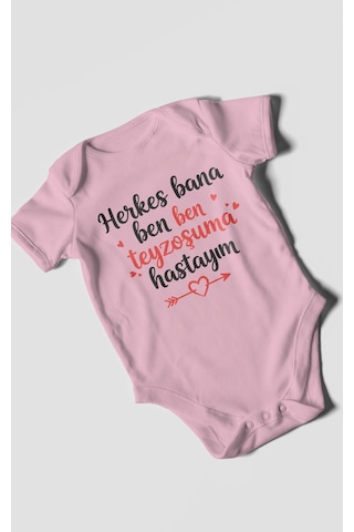Herkes Bana Ben Teyzeme Hastayım Baskılı Bebek Zıbını Çıtçıtlı Body 8 Renk %100 Pamuk Kısa Kol Koyu Pembe