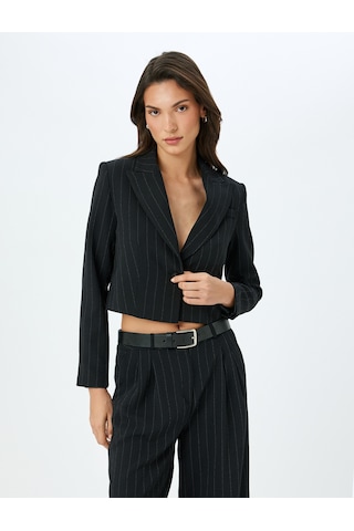 Koton Kruvaze Çizgili Crop Blazer Ceket Siyah Çizgili 5sak50103uw Siyah Çizgili Siyah