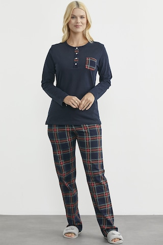 Düz Kombinli Ekose Pamuk Pijama Takım - Lacivert Lacivert