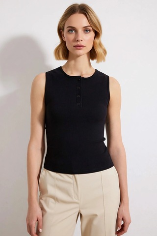 Benerly Kadın Bluz Fitted Crop Bisiklet Yaka Kolsuz Düğmeli Fitilli Örme siyah