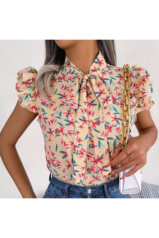 Gmxıa Kadın Modası Rahat Yaz Çiçek Desenli Kolsuz V Yaka Bluzlar Ve Ahşap Kulak Kenarlı Fiyonklu Şifon Gömlekler Bebek Mavisi