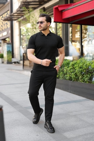 Defymoda Erkek Örgü Desen Yakalı Kısa Kollu Triko Tişört Siyah