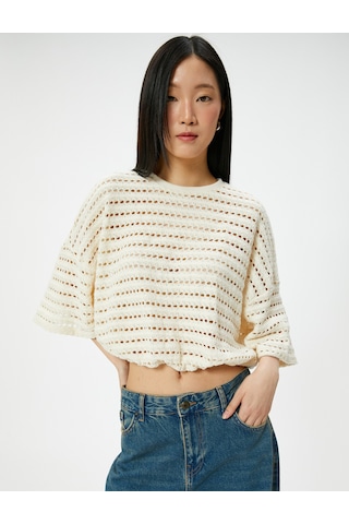 Koton Ajurlu Kroşe Sweatshirt Yarım Kollu Bisiklet Yaka Beli Lastikli Kırık Beyaz 4sak30008ek Ekru