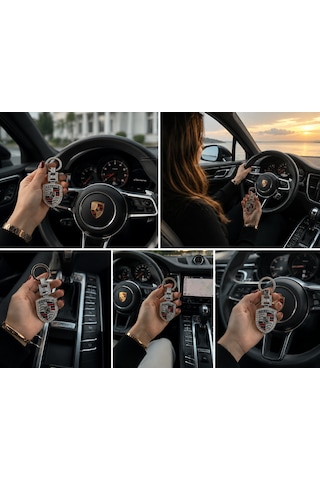 Porsche İle Uyumlu Lüks Taşlı Metal Silver Anahtarlık Aksesuar Panamera Macan Taycan 911