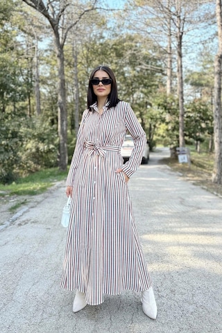 Kadın Kiremit & Ekru Çizgili Uzun Kol, Rahat Beli Kemerli, Cepli, Keten, Maksi Gömlek Elbise Kiremit
