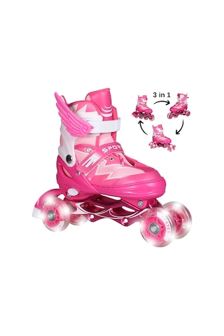 Pembe Melek Kanatlı Işıklı Paten Kız Çocuk Pateni Silikon 4 Teker Pembe