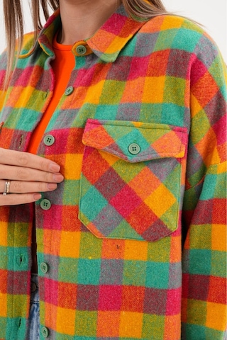 Kadın Desen Bloklu Oduncu Oversize Bol Ve Geniş Kalıp Casual Cepli Yakalı Ceket Gömlek Sarı