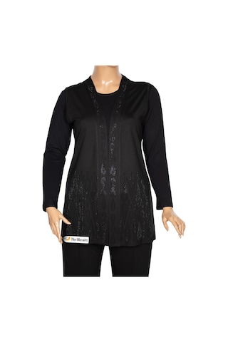 Hesna Kadın Seren Büyük Beden Taş Detaylı Penye Siyah Yelek Siyah