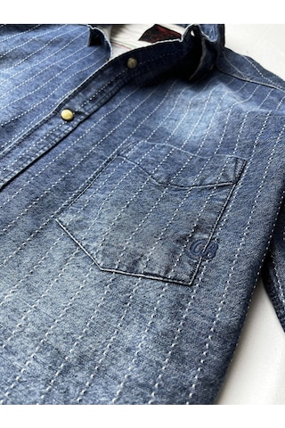 Slim Fit Saf Pamuk Denim Kumaş Kot Gömlek--laci Çizki Eskitme- Renkli