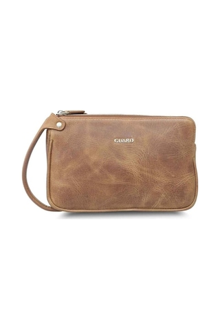 Guard Antik Taba Unisex Çift Fermuarlı El Çantası Hakiki Deri