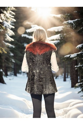 Kadın Kolsuz Hakiki Kürk - Siyah Bordo