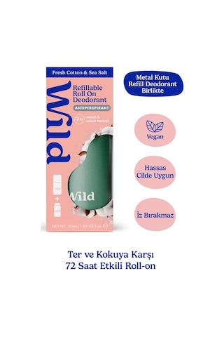 Wild Antiperspirant Roll On Aqua Case & Fresh Cotton & Sea Salt Refill Ter Önleyici Deodorant 50 Ml