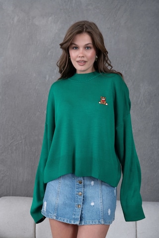 Park Karon Kadın Yeşil Dik Yaka Oversize Nakışlı Triko Kazak 224301 Yeşil