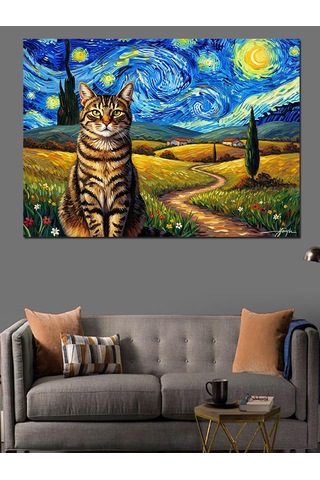 Van Gogh Tarzı Yıldızlı Gece Kedisi Dekoratif Kanvas - Mdf Ahşap Tablo