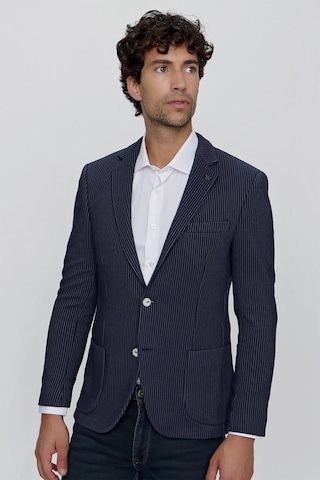 Morven Erkek Örme Çizgili Slim Fit Torba Cep Ceket 2009 Lacivert