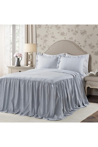 Ticking Çizgili Yatak Örtüsü Lacivert Vintage Şık Çiftlik Evi Tarzı Hafif 3 Parça Set King, Polyester Çok Renkli