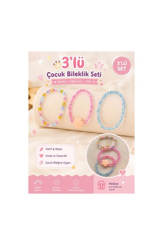 Renkli Boncuklu Çocuk Bileklik Seti - 3'lü, Çiçek Figürlü, Kız Çocuk Takı