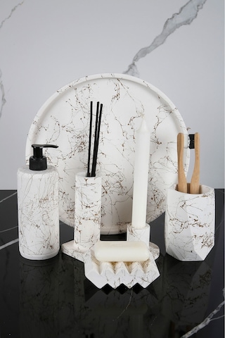 Betonmall 6 Parça Beton Banyo Wc Seti Takımı Katı Sıvı Sabunluk Diş Fırçalığı Tütsülük Mumluk Sunum Tepsisi Beyaz Altın Spreyli Beyaz - Altın