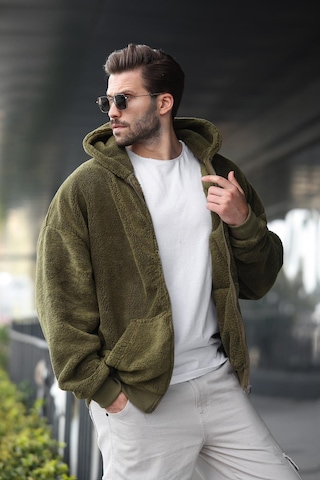 Madmext Haki Peluş Over Fit Kapüşonlu Fermuarlı Erkek Sweatshirt 6049 Haki