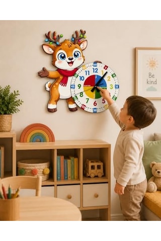 Sevimli Geyik Montessori Çocuk Odası Eğitici Ahşap Duvar Saati - Sessiz Mekanizma, Şık Tasarım Saat