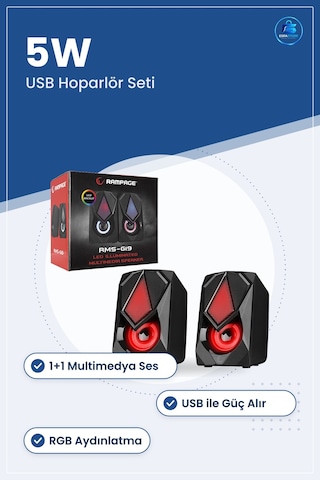Kablolu Hoparlör Usb 2.0 1+1 Rgb Multimedya Ses Seti Siyah 5w Bil
