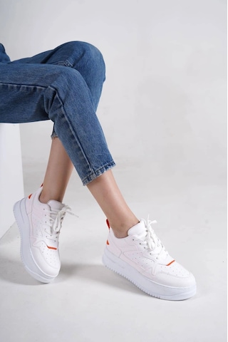 Mevese Avela Kalın Taban Bağcıklı Günlük Kadın Sneaker Beyaz Turuncu Detaylı