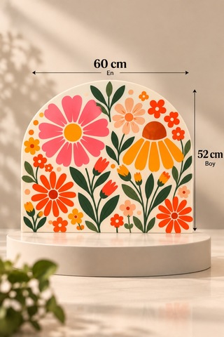 Gökçeoğlu Cam Ocak Arkası Koruyucu Cam Koruyucu Tezgah Ankastre Arkası Oval Şekilli Renkli Çiçek Temalı 52 X 60 Çok Renkli