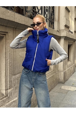 Veraura Lifestyle Saks Mavi Sırtı Taş İşlemeli Dik Yaka Kısa Şişme Yelek
