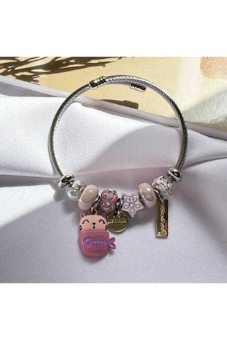 Pembe Charm Detaylı Kadın Bileklik Sevimli Figürlü Çelik Charm Bileklik Gümüş