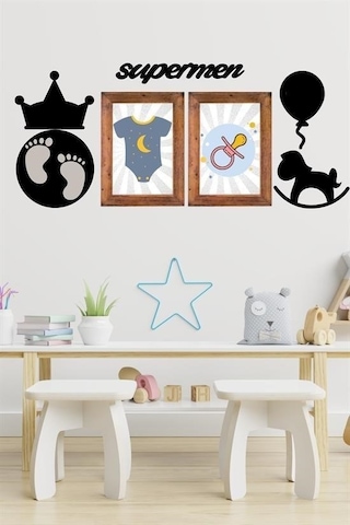 Evyora Deco103 Supermen Dekoratif Duvar Süsü Tablo Aksesuar Ahşap Tasarım Hediye Pano Sticker Seti