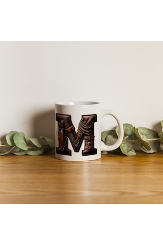 M Harfi Kovboy Temalı Bardak 330 Ml İsim / Harf Kişiye Özel Hediye - Vahşi Batı Konsept Beyaz