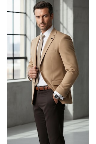Plus Scorpion Slim Fit Pike Dokuma Erkek Blazer Ceket Modern Şık Günlük Kombin Bej