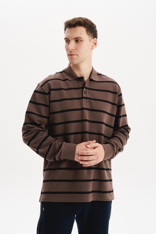 AR-MA Arma Erkek Büyük Beden Çizgili %100 Pamuk Ringel Ottoman Kumaş Polo Yaka Ribanalı Sweatshirt K30554801602 Kahverengi