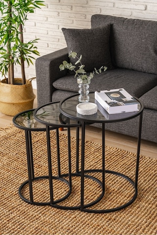 Alya Zigon Sehpa Üçlü Dekoratif Yan Sehpa Füme Camlı