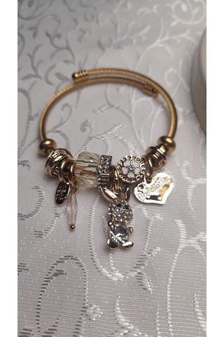 Uzel Çelik Bileklik Sarı Gold Model Beyaz Tavşan Charmlı Beyaz