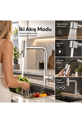 Alfas Aura Rain İnox Çekmeli Mutfak Evye Bataryası Yağmurlama Fonksiyonlu Pvd 304 Paslanmaz Çelik Inox