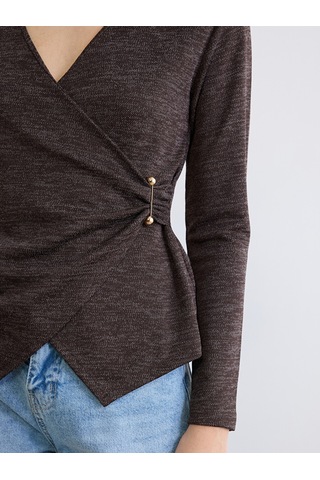 Lcw Everyday Kahverengi Kruvaze Yaka Metal Tokalı Büzgülü Bluz