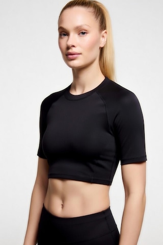 Premium Siyah Kısa Kol Compression Kadın Crop T-shirt Spor Büstiyer Bluz Yoga Pilates Fitness Koşu Siyah
